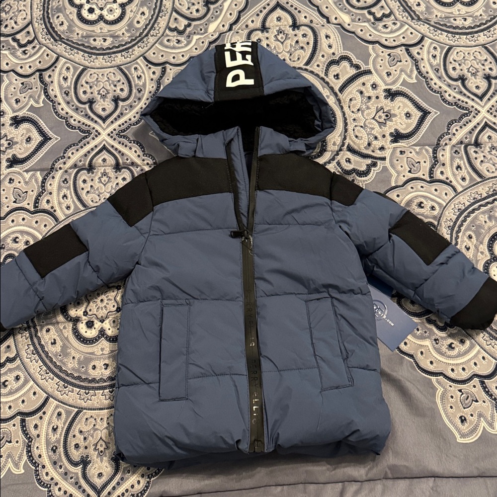 Perry Ellis Boys Cream and Black Puffer Jacket with Hood